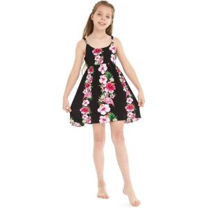 imageGirl Hawaiian Classic Empire Dress with Elastic Strap in Pink White Hibiscus VinePink Black Hibiscus Vine