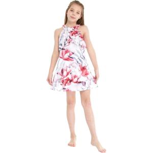 imageGirl Hawaiian Round Neck with Ruffle Dress in Wispy CereusMisty Lotus White