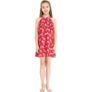 imageGirl Hawaiian Round Neck with Ruffle Dress in Wispy CereusTropical Jungle Red