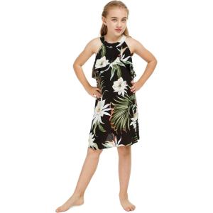 imageGirl Hawaiian Round Neck with Ruffle Dress in Wispy CereusWispy Cereus Black
