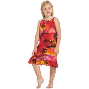 imageGirl Round Neck Tunic Hawaiian Luau Dress in Red SunsetRed Sunset