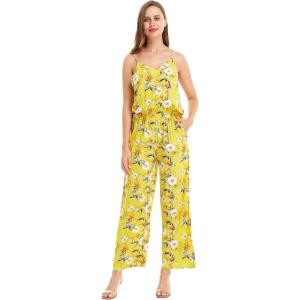 imageWomens Hawaiian Strap V with Pockets Jumpsuit in Pink Hibiscus VineGarden Poppy Yellow