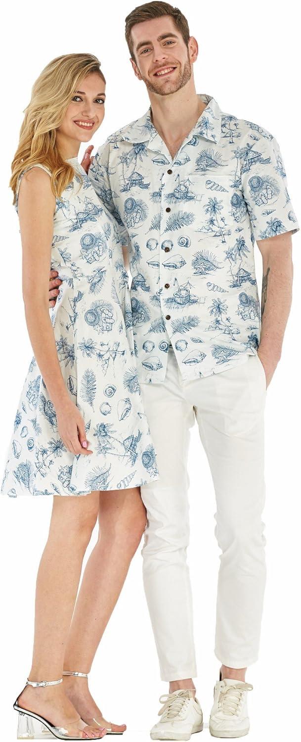 imageCouple Matching Hawaiian Luau Cruise Outfit Shirt Vintage Dress Classic WhiteVintage Tropical Toile