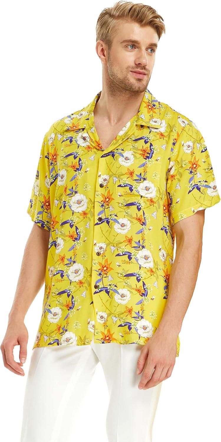 imageMatchable Couple Hawaiian Luau Shirt or Butterfly Dress in Garden Poppy YellowMen Garden Poppy Yellow Navy