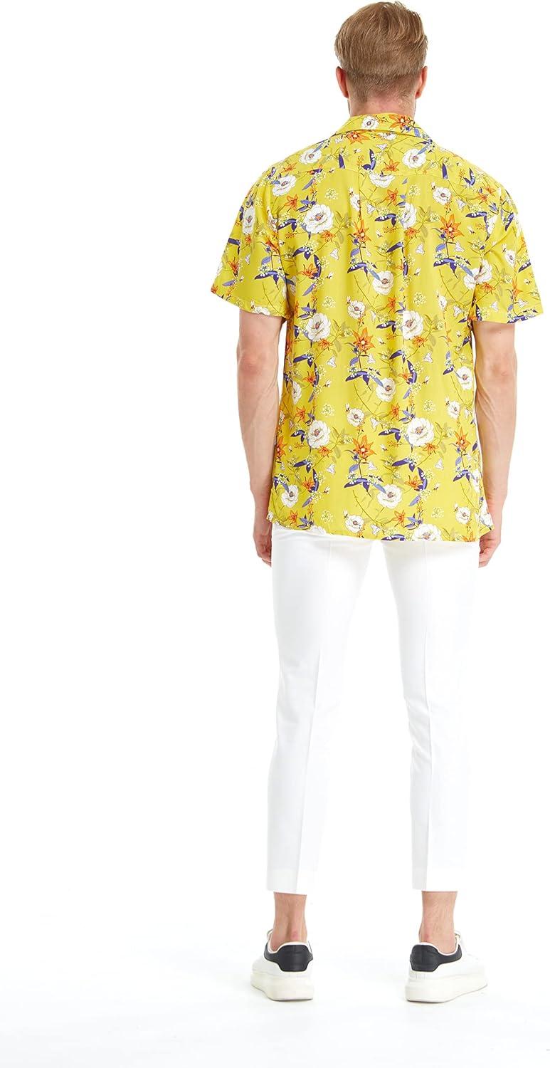 imageMatchable Couple Hawaiian Luau Shirt or Butterfly Dress in Garden Poppy YellowWomen Garden Poppy Yellow Navy