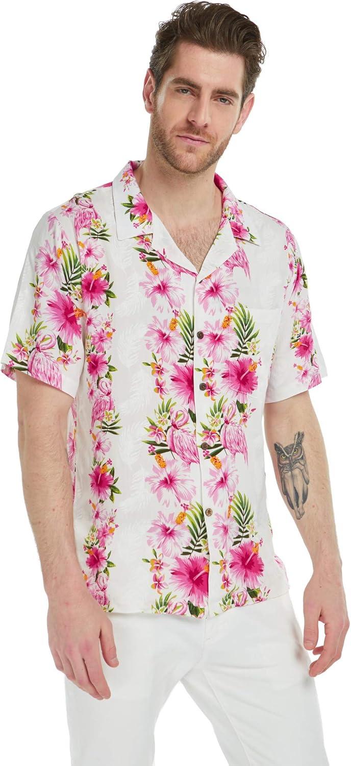 imageMatchable Couple Hawaiian Luau Shirt or Fairy Dress in Pink Black Hibiscus VineMen Pink White Hibiscus Vine