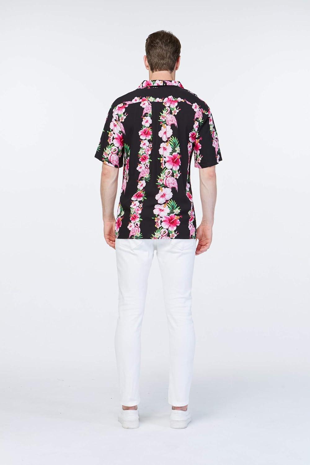 imageMatchable Couple Hawaiian Luau Shirt or Fairy Dress in Pink Black Hibiscus VineWomen Pink Black Hibiscus Vine