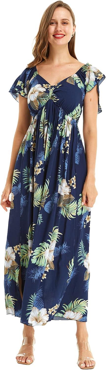 imageMatchable Couple Hawaiian Luau Shirt or Rahee Maxi Dress in Simply Blue LeafMen Pineapple Garden Navy