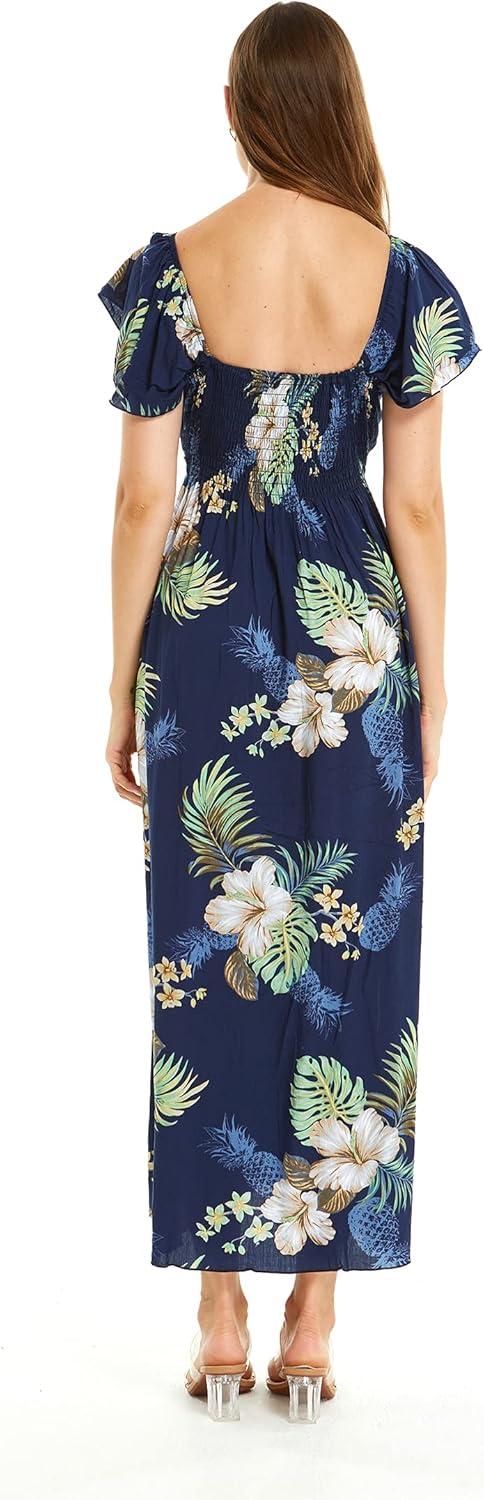 imageMatchable Couple Hawaiian Luau Shirt or Rahee Maxi Dress in Simply Blue LeafWomen Pineapple Garden Navy