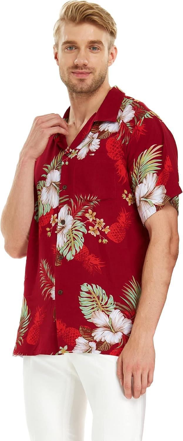 imageMatchable Couple Hawaiian Luau Shirt or Sweetheart Maxi Dress in Pineapple Garden BurgundyMen Pineapple Garden Burgundy