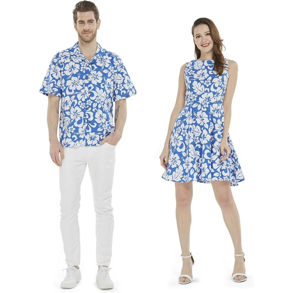 imageCouple Matching Hawaiian Luau Cruise Outfit Shirt Vintage Dress Classic WhiteClassic Vintage Blue