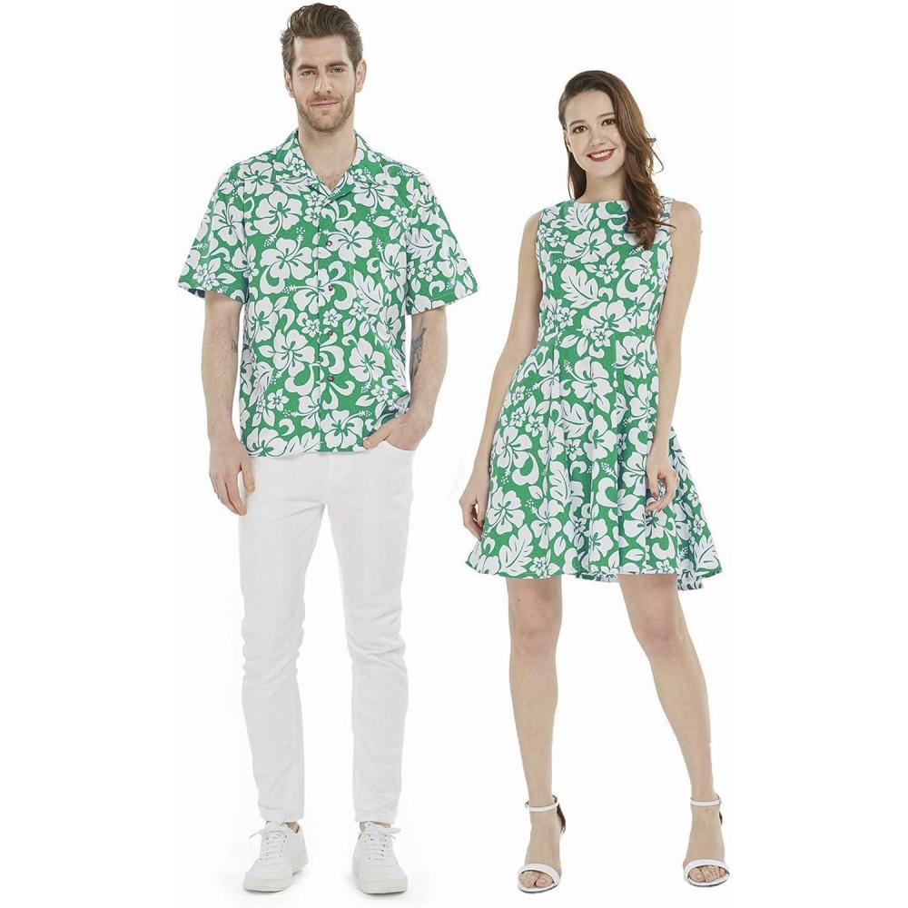 imageCouple Matching Hawaiian Luau Cruise Outfit Shirt Vintage Dress Classic WhiteClassic Vintage Green