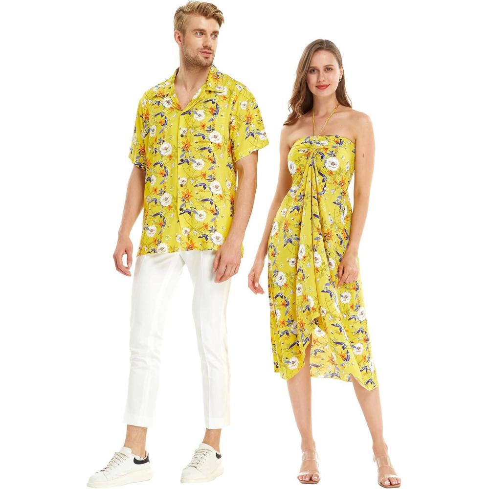 imageMatchable Couple Hawaiian Luau Shirt or Butterfly Dress in Garden Poppy YellowWomen Garden Poppy Yellow Navy