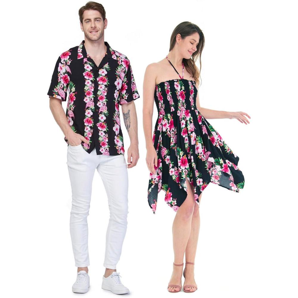 imageMatchable Couple Hawaiian Luau Shirt or Fairy Dress in Pink Black Hibiscus VineWomen Pink Black Hibiscus Vine