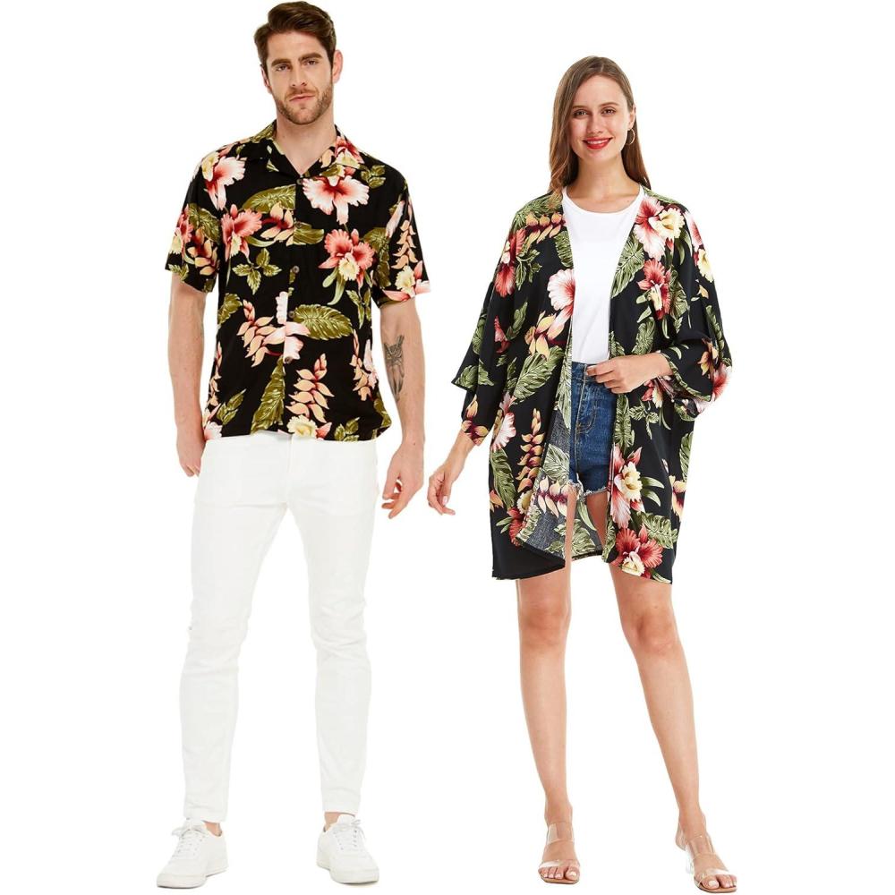 imageMatchable Couple Hawaiian Luau Shirt or Kimono in Pineapple Garden BlackMen Rafelsia Black