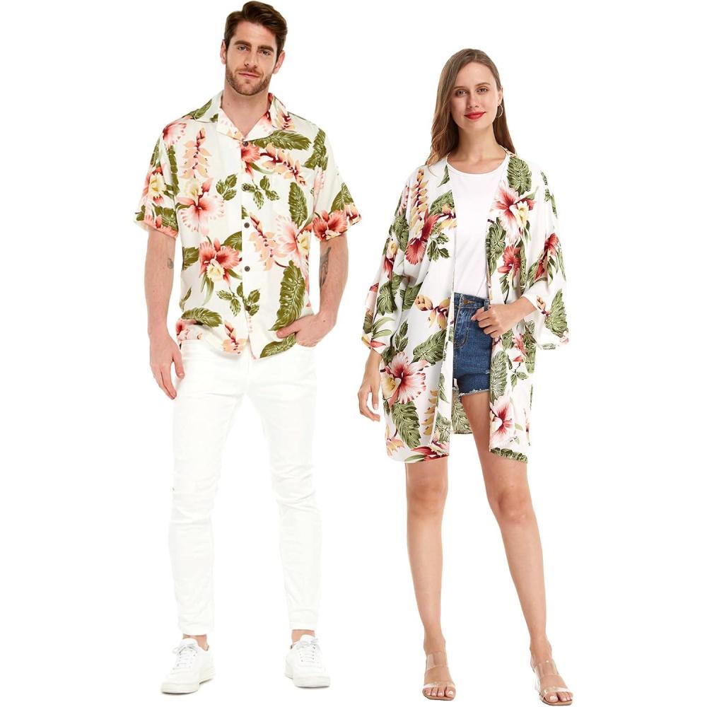 imageMatchable Couple Hawaiian Luau Shirt or Kimono in Pineapple Garden BlackWomen Rafelsia Cream