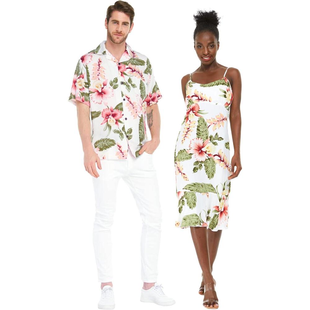 imageMatchable Couple Hawaiian Luau Shirt or Mermaid Ruffle Dress in Cream RafelsiaMen Cream Rafelsia