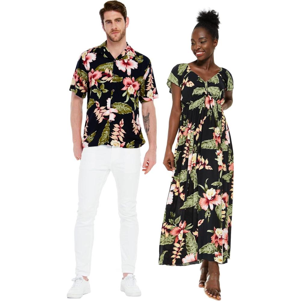 imageMatchable Couple Hawaiian Luau Shirt or Rahee Maxi Dress in Black RafelsiaMen Black Rafelsia