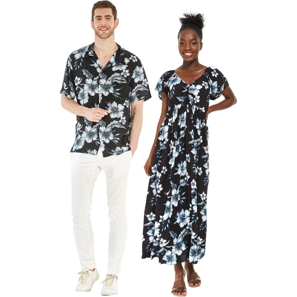 imageMatchable Couple Hawaiian Luau Shirt or Rahee Maxi Dress in Simply Blue LeafMen Midnight Bloom