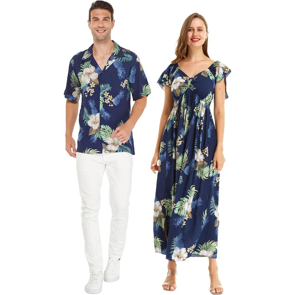 imageMatchable Couple Hawaiian Luau Shirt or Rahee Maxi Dress in Simply Blue LeafMen Pineapple Garden Navy