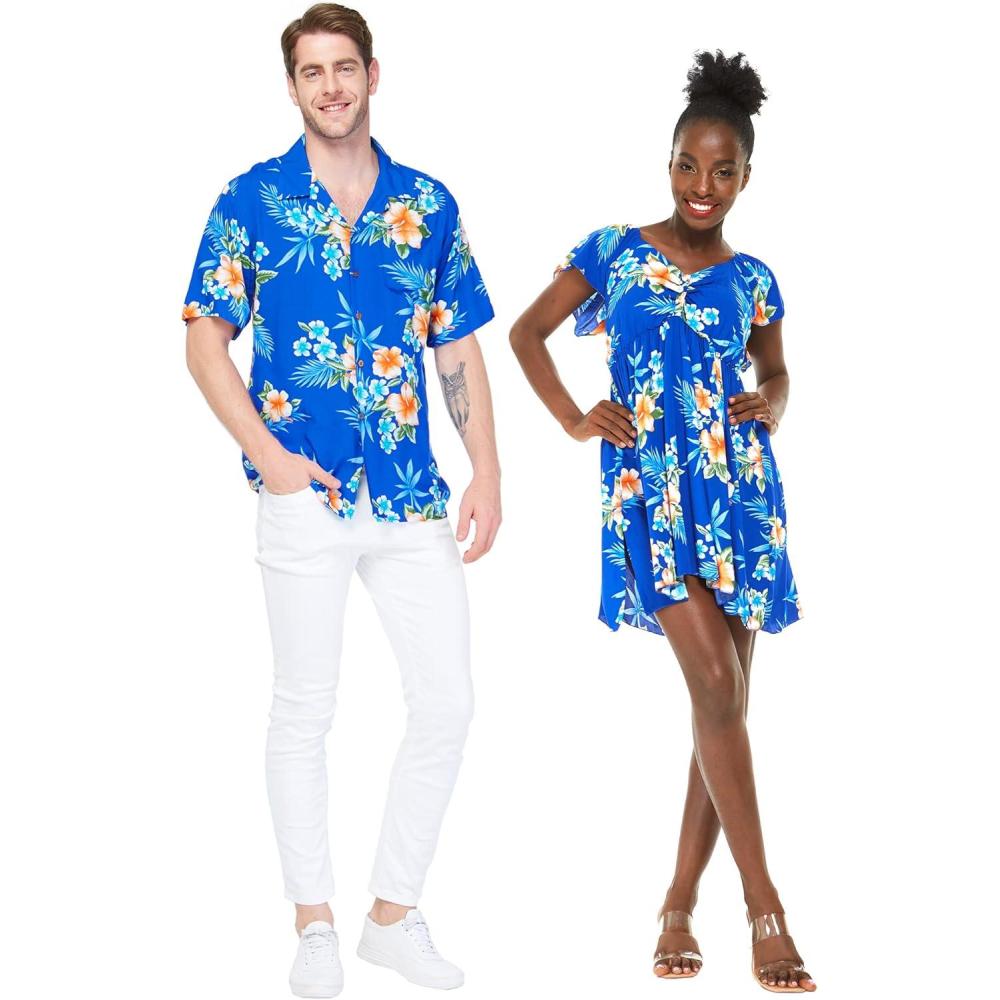 imageMatchable Couple Hawaiian Luau Shirt or Rahee Mini Dress in Hibiscus BlueMen Hibiscus Blue