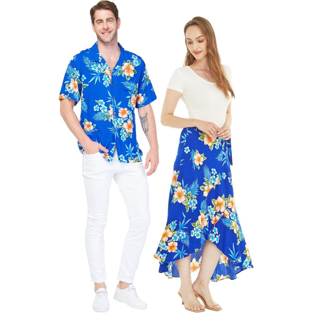 imageMatchable Couple Hawaiian Luau Shirt or Wrap Skirt in Hibiscus BlueMen Hibiscus Blue