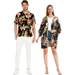 imageMatchable Couple Hawaiian Luau Shirt or Kimono in Pineapple Garden BlackWomen Rafelsia Black