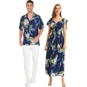 imageMatchable Couple Hawaiian Luau Shirt or Rahee Maxi Dress in Simply Blue LeafWomen Pineapple Garden Navy