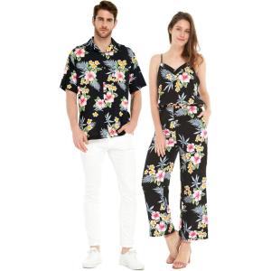imageMatchable Couple Hawaiian Luau Shirt or VNeck Jumpsuit with Pockets in Hibiscus BlackMen Hibiscus Black