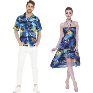 imageCouple Matching Hawaiian Luau Party Outfit Set Shirt Dress in Sunset BlueSunset Blue
