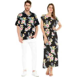 imageMatchable Couple Hawaiian Luau Shirt or Maxi Simple Dress in Hibiscus BlueWomen Hibiscus Black