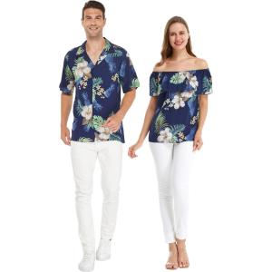 imageMatchable Couple Hawaiian Luau Shirt or OffShoulder Ruffle Muumuu Top in Pineapple Garden NavyMen Pineapple Garden Navy