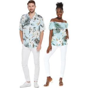 imageMatchable Couple Hawaiian Luau Shirt or OffShoulder Ruffle Muumuu Top in Wispy Cereus Light BlueWomen Wispy Cereus Light Blue