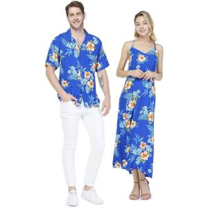 imageMatchable Couple Hawaiian Luau Shirt or Sweetheart Maxi Dress in Hibiscus BlueWomen Hibiscus Blue