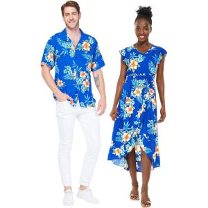 imageMatchable Couple Hawaiian Luau Shirt or Wrap Ruffle Dress in Hibiscus BlueMen Hibiscus Blue