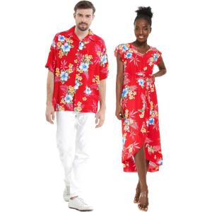 imageMatchable Couple Hawaiian Luau Shirt or Wrap Ruffle Dress in Hibiscus BlueMen Hibiscus Red