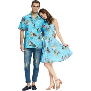 imageCouple Matching Hawaiian Luau Men Shirt and Women Vintage Fit and Flare Dress in Santa in Hawaii ChristmasMen Santa in Hawaii Christmas Turquoise