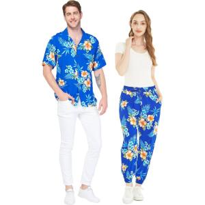 imageMatchable Couple Hawaiian Luau Shirt or Jogger Pants in Hibiscus BlueMen Hibiscus Blue