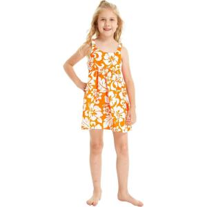 imageGirl Elastic Strap Empire Waist Dress in Classic Hibiscus RedVintage Classic Hibiscus  Orange