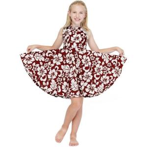 imageGirl Hawaiian Vintage Fit and Flare Dress in Flamingo in LoveClassic Vintage Hibiscus in Burgundy