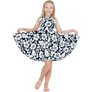 imageGirl Hawaiian Vintage Fit and Flare Dress in Flamingo in LoveClassic Vintage Hibiscus in Navy