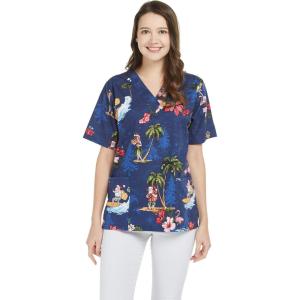 imageHawaiian Print Cotton 2 Pockets Scrub Top in Christmas Santa in Hawaii RedChristmas Santa in Hawaii Navy