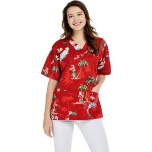 imageHawaiian Print Cotton 2 Pockets Scrub Top in Christmas Santa in Hawaii RedChristmas Santa in Hawaii Red