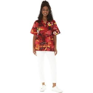 imageHawaiian Print Cotton 2 Pockets Scrub Top in Dolphin Sunset BlueDolphin Sunset Red