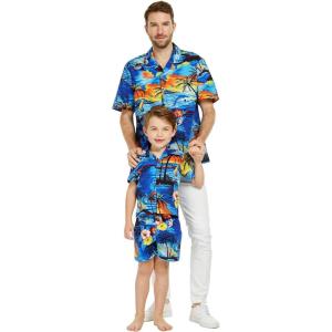 imageMatchable Hawaiian Luau Father Son Men Aloha Shirt or Boy Aloha Shirt in Sunset Dolphin BlueBoy Blue