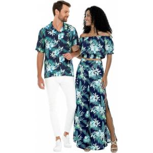 image:imageMatchable Couple Hawaiian Luau Shirt Smock Top Wide Legged Pants in Orchid Breeze NavyMen Orchid Breeze Navy