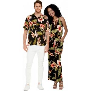 image:imageMatchable Couple Hawaiian Luau Shirt or VNeck Jumpsuit with Pockets in Black RafelsiaMen Black Rafelsia