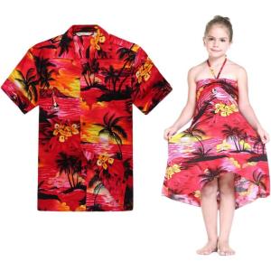 image:imageMatching Hawaiian Luau Outfit Men Shirt Girl Dress in Sunset RedSunset Red