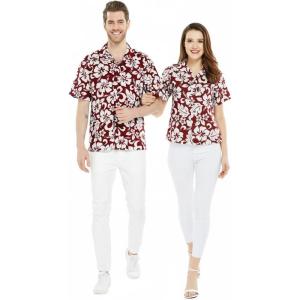 image:imageCouple Matching Hawaiian Luau Men and Women Shirts in Classic Vintage HibiscusBurgundy