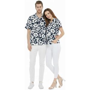 image:imageCouple Matching Hawaiian Luau Men and Women Shirts in Classic Vintage HibiscusNavy